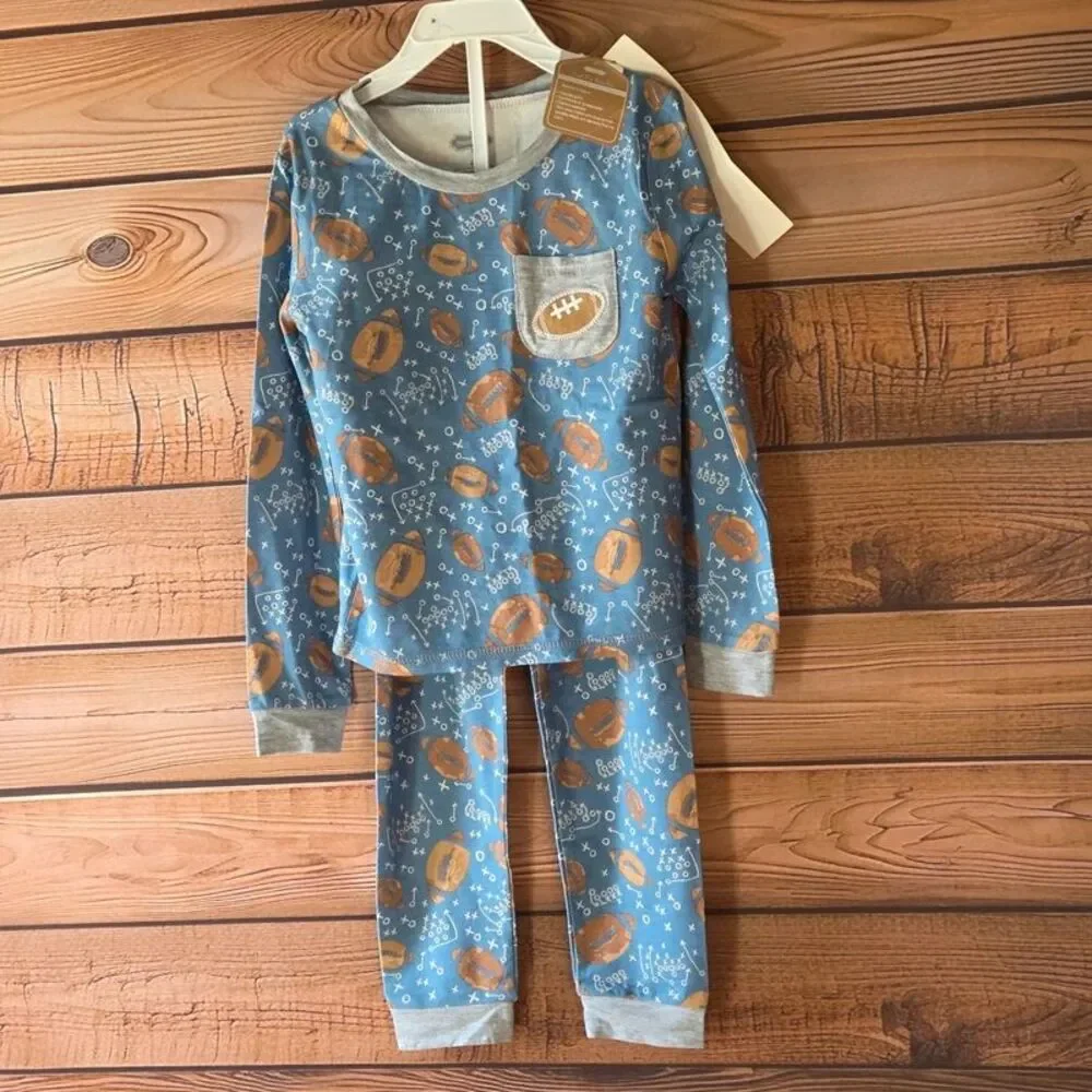Mud Pie toddler Blue Bamboo Football Pajamas 2 Pc Set Size 4t NWT hypoallergenic